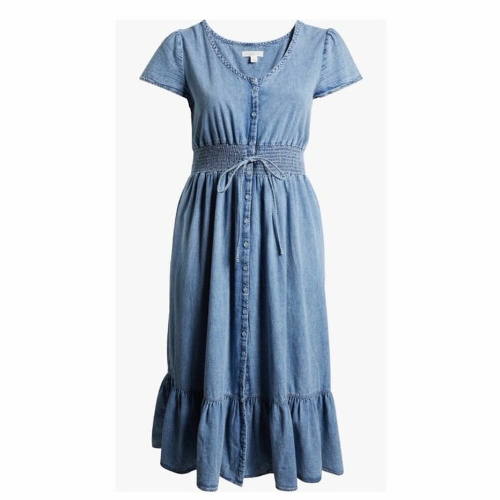 Treasure and Bond 2X Smocked Waist Chambray Midi Dress